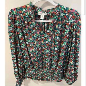 NWOT women's Rachel Zoe smocked green multi floral top. Balloon sleeves. XS